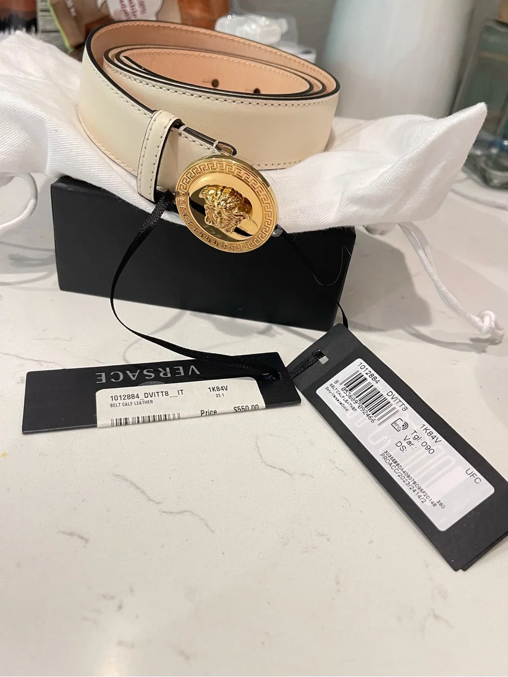 Versace NWT Cream Leather Belt with Gold Medusa Coin Buckle